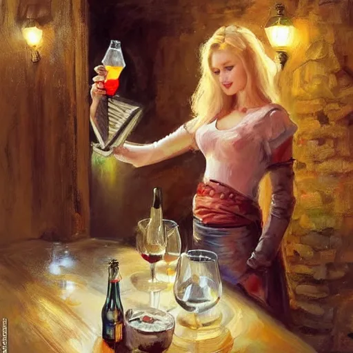 Prompt: (((((Boba Fett))))) and a beautiful young blonde drinking beer in a wine cellar, food, meat, schnapps, torches on the wall, romantic, inviting, cozy, painting by Vladimir Volegov