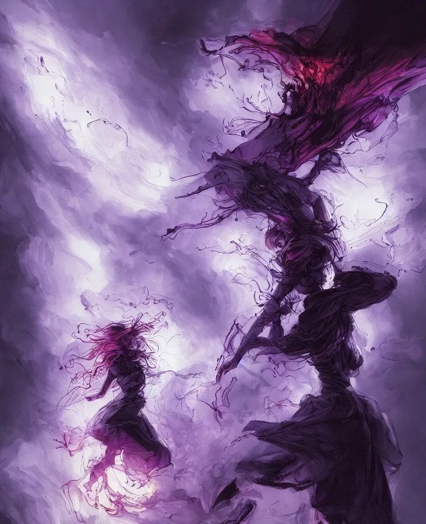 Image similar to a painting small girl with purple fire in his hands fighting a giant, dark colors, sinister atmosphere, dramatic lighting, cinematic, establishing shot, extremely high detail, photo realistic, cinematic lighting, pen and ink, intricate line drawings, by Yoshitaka Amano, Ruan Jia, Kentaro Miura, Artgerm, post processed, concept art, artstation, matte painting, style by eddie mendoza, raphael lacoste, alex ross,