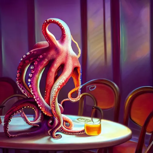 Image similar to the octopus at a table in a diner, amazing, beautiful, perfect eyes, full body shot, portrait, vivid colors, elegant, concept art, sharp focus, digital art, Hyper-realistic, 4K, Unreal Engine, Highly Detailed, HD, Dramatic Lighting by Brom, trending on Artstation