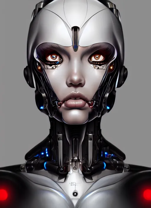 Image similar to portrait of a cyborg woman by Artgerm, biomechanical, hyper detailled, trending on artstation