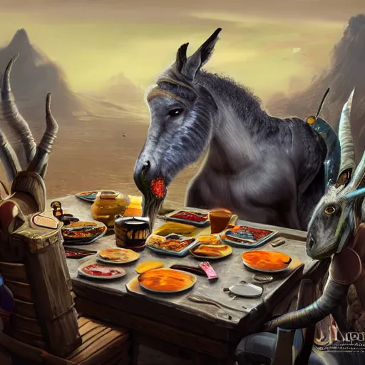 Image similar to zoom out, ultrarealistic, ultradetailed, war donkey eating breakfast, sitting on a futuristic table with aliens, at the end of the universe, very very very ultradetailed, epic fantasy style art, fantasy epic digital art, epic fantasy art, hearthstone style art, pathfinder, dungeons and dragons, floral, planets, stars, galaxies, highlights, organic, concept art