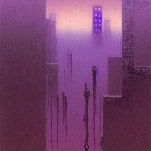 Prompt: purple cyberpunk city, by Beksinski and Hokusai