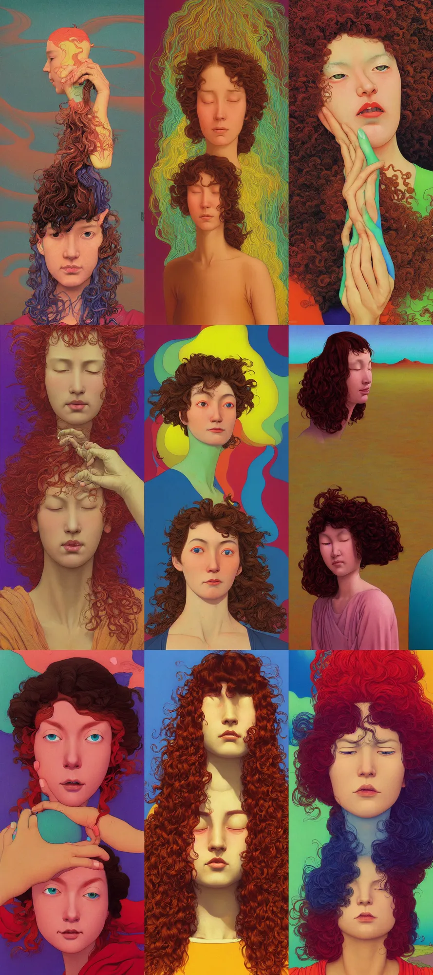 Prompt: a colorful vibrant closeup portrait of a simple caucasian woman with curly mid length brown hair with a fearful afraid shocked aesthetic face and dreaming psychedelic hair, by kawase hasui, moebius, edward hopper and james gilleard, zdzislaw beksinski, steven outram colorful flat surreal design, hd, 8 k, artstation