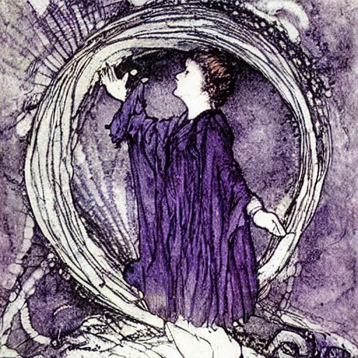 Prompt: A art installation. A rip in spacetime. Did this device in her hand open a portal to another dimension or reality?! blue-violet by Arthur Rackham mournful, spirited