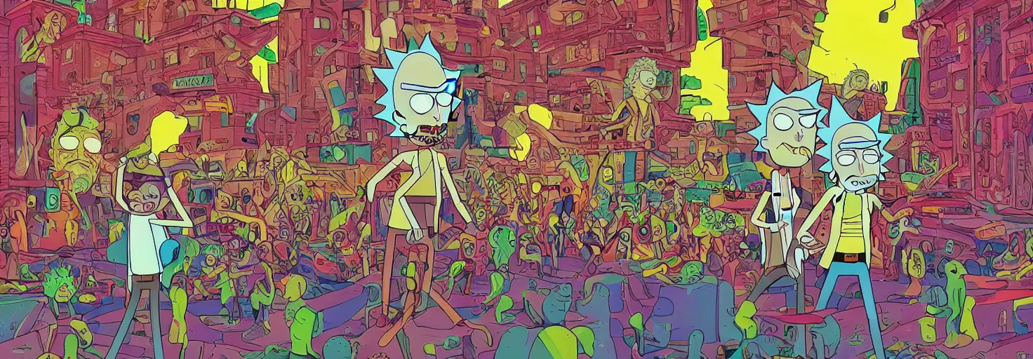 Image similar to Rick and Morty surrealism, psychedelic colorful graffiti on brick buildings on a city street , lots of people, ultra detailed, vintage poster illustration, fine lines