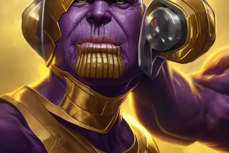 Image similar to Thanos smirking while clenching his fist, trending on Artstation, highly detailed, HD wallpaper, 4k, photorealistic, digital art, art by artgerm and Greg Rutkowski and Alphonse Mucha