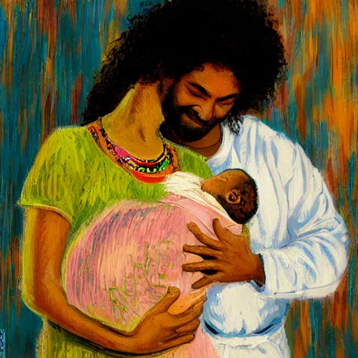 Image similar to a pregnant east african woman with an egyptian man with curly hair in a delivery room, holding newborn baby, very happy, warm colors, vintage, impressionist painting, fine art, oil painting, dreamy, pastel, intricate details, sharp, peaceful, serene