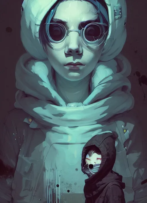 Image similar to highly detailed portrait of a sewer punk swedish lady, hoodie, white hair by atey ghailan, by greg rutkowski, by greg tocchini, by james gilleard, by joe fenton, by kaethe butcher, gradient blue, black, brown and cyan color scheme, grunge aesthetic!!! ( ( graffiti tag wall background ) )