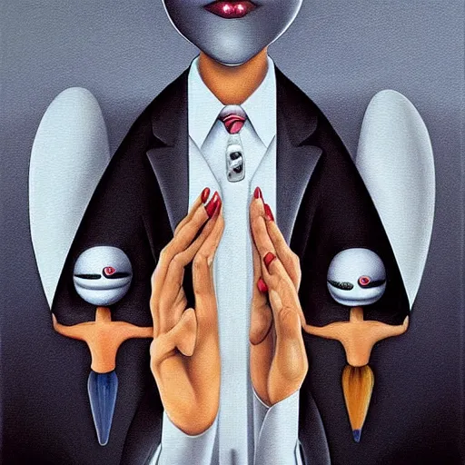 Prompt: antagonism, an ultrafine detailed painting by rafal olbinski, behance contest winner, pop surrealism, detailed painting, very detailed, minimalist, skeuomorphic, airbrush art