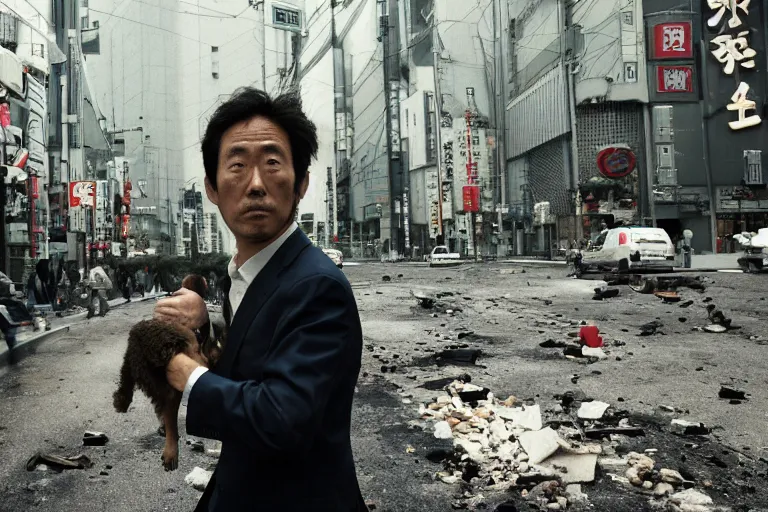 Prompt: cinematography closeup portrait of a Japanese business man carrying his dog running from an explosion in Tokyo by Emmanuel Lubezki