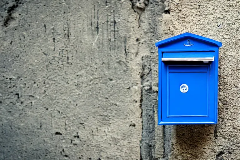 Image similar to A blue letter box in a old neighborhood, mid day, realistic shot, taken with a Leica camera, bokeh