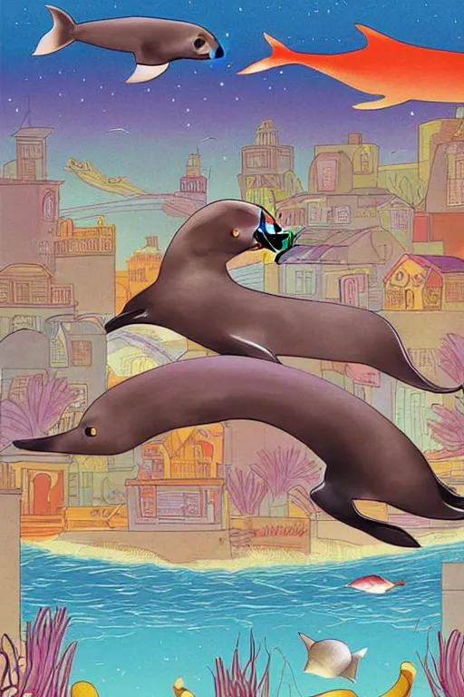 Prompt: illustration for a story that reads : sleek sea lions, so graceful and fair, you'll find them in the most unexpected places. like the grocery store, for instance, wherethey enjoy perusing the aisles for sardines., colorful, fantasy, pixar, childrens book illustration, sharp high detail, manga and anime ( 9 )