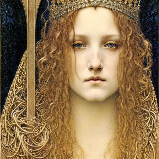 Image similar to detailed realistic beautiful young medieval queen face portrait by jean delville, gustave dore and marco mazzoni, art nouveau, symbolist, visionary, gothic, pre - raphaelite. horizontal symmetry