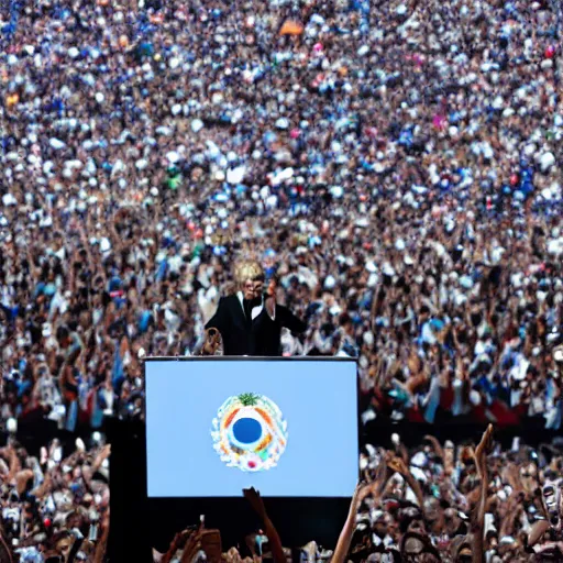 Image similar to Lady Gaga as president, Argentina presidential rally, Argentine flags behind, bokeh, giving a speech, detailed face, Argentina