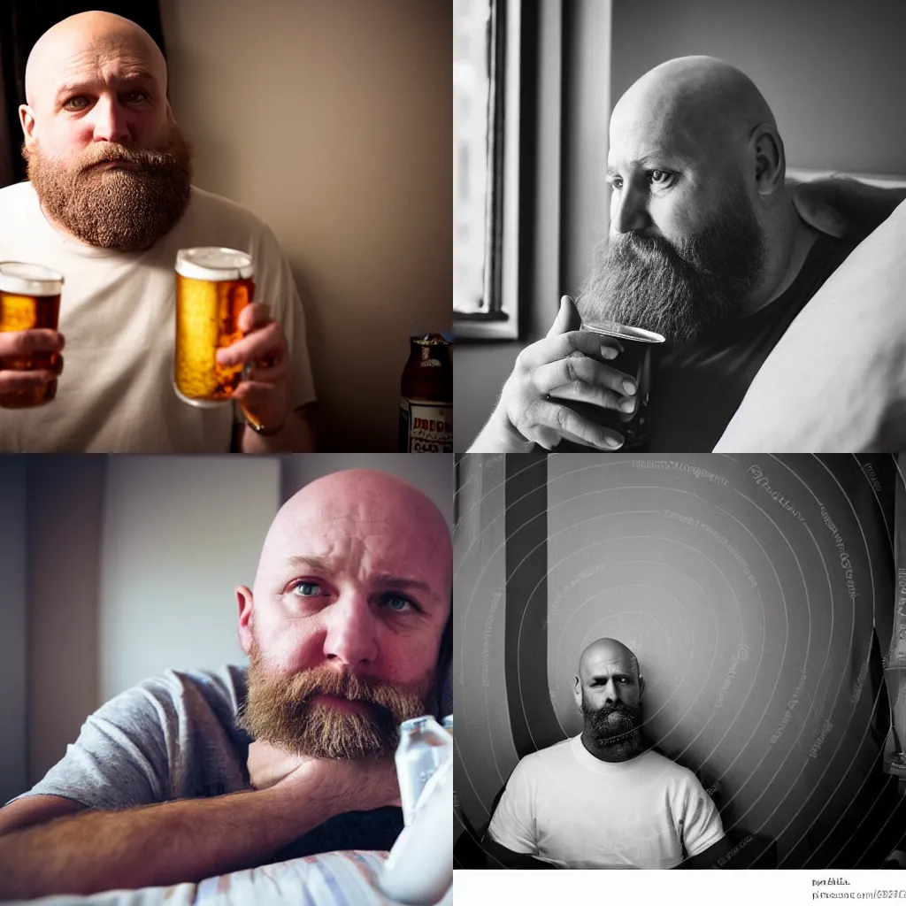 Prompt: a middle aged bald man with a big beard in a tiny hotel room, depressed, stressed, drunk and surrounded by empty beer cans. Award winning photograph.