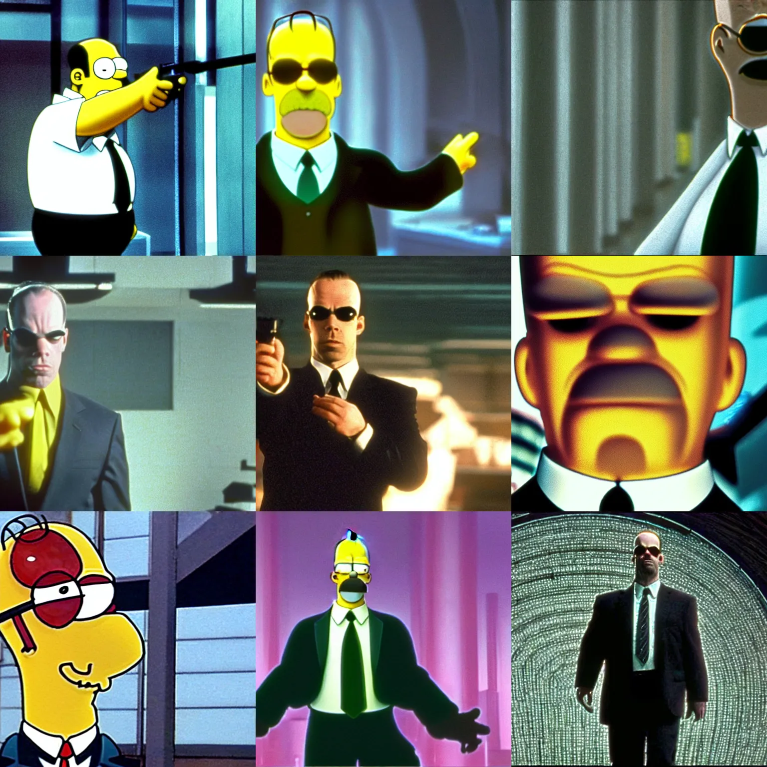 Prompt: A still image of Homer Simpson as agent Smith in Matrix (1999)