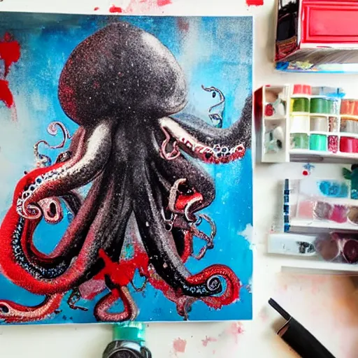 Image similar to a clean studio photography set, there is a bucket of red paint and it has just viciously exploded, there is paint EVERYWHERE, even on the giant octopus