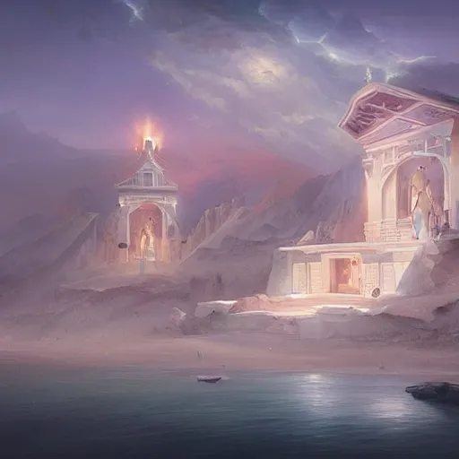 Prompt: greek inspired town of white buildings built on the mountain of a beach-side overlook, heavenly, otherworldly, angelic, glowing, octane rendered, Peter Mohrbacher