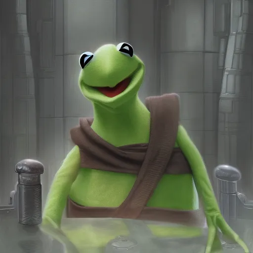 Prompt: Kermit the Frog wearing Jedi robes, he's chilling inside the Jedi Temple, hyperdetailed, artstation, cgsociety, 8k