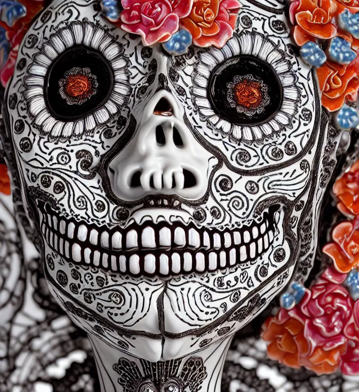 Prompt: La Catrina, A Close up photo-real delicate ceramic porcelain sculpture of a symmetrical ornate detailed in front of an intricate background by Victo Ngai and takato yamamoto, micro detail, backlit lighting, face in focus, subsurface scattering, translucent, thin porcelain, octane renderer, colorful, physically based rendering, japanese pottery, trending on cgsociety