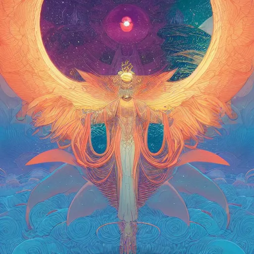 Prompt: an highly detailed illustration of an angel of the sun sol, in the heavens by victo ngai, peter mohrbacher digital art saturated colors