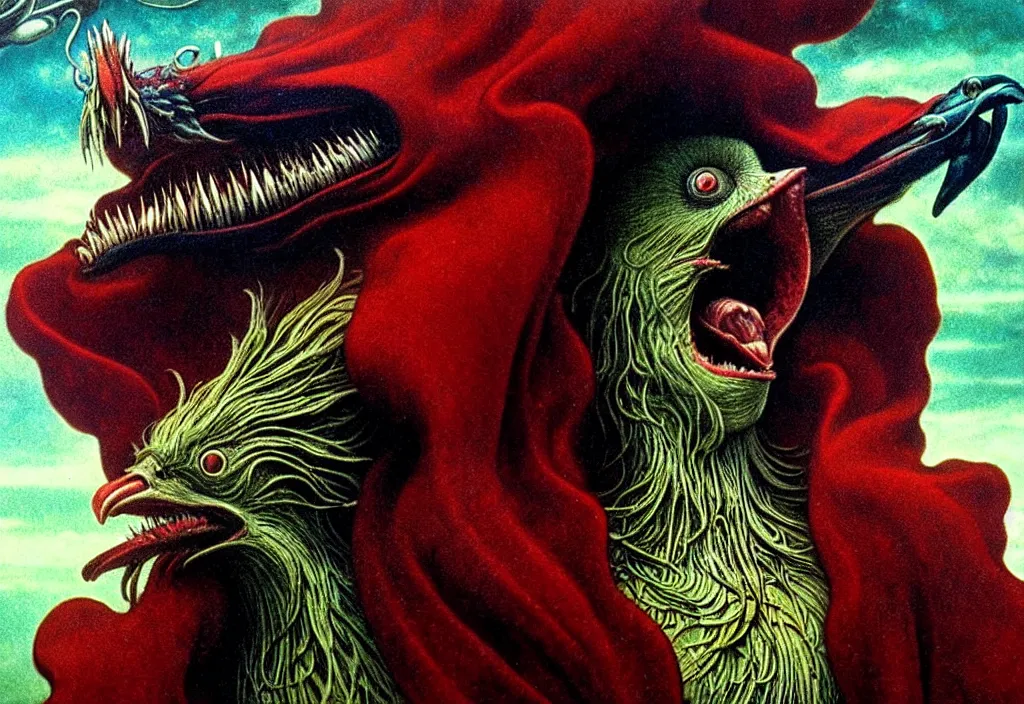 Image similar to realistic detailed portrait movie shot of a screaming birdman wearing black robes, sci fi landscape background by denis villeneuve, amano, yves tanguy, alphonse mucha, max ernst, ernst haeckel, roger dean, masterpiece, rich moody colours, snarling dog teeth