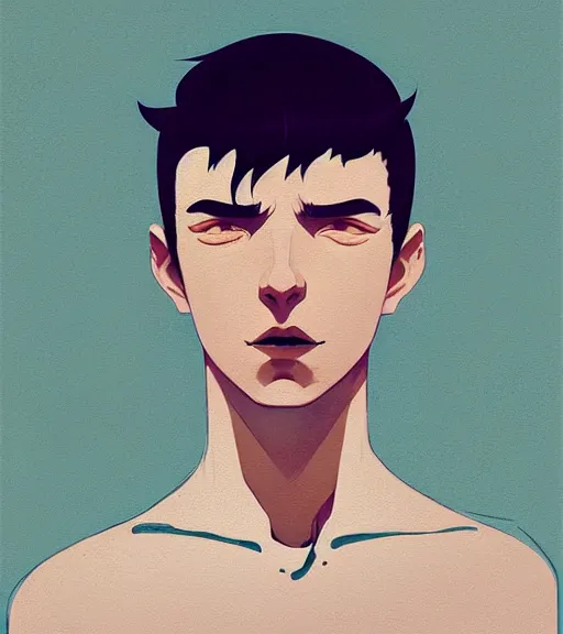 Image similar to portrait of a young man, raised on the island, white hair, face tatooes by atey ghailan, by greg rutkowski, by greg tocchini, by james gilleard, by joe fenton, by kaethe butcher, dynamic lighting, gradient light blue, brown, blonde cream and white color scheme, grunge aesthetic