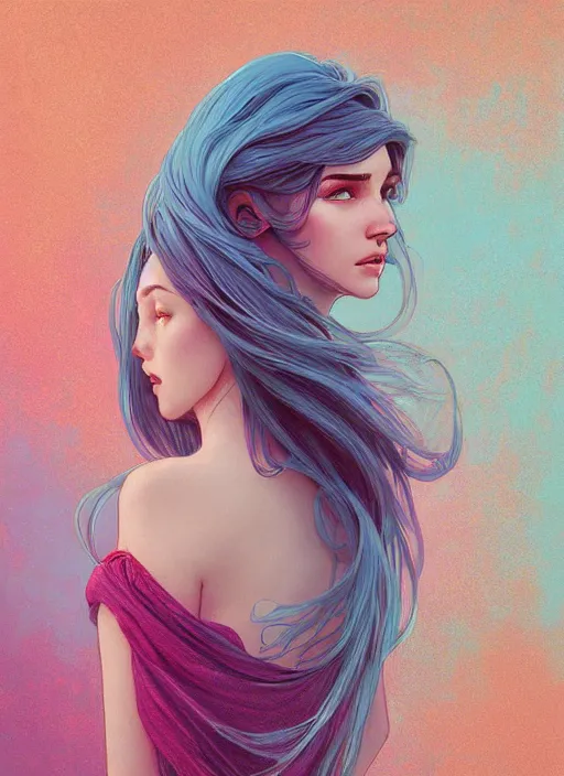 Image similar to handsome young women with shoulder length light blue hair, half body shot, path traced, highly detailed, high quality, digital painting, alena aenami, lilia alvarado, shinji aramaki, karol bak, alphonse mucha, tom bagshaw