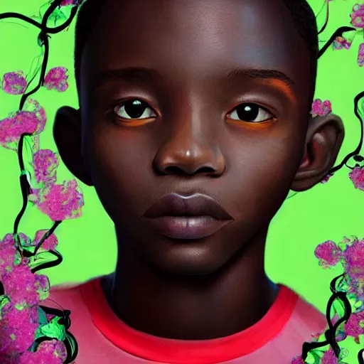 Image similar to colourful vfx art - portrait of nigerian boy wrapped in flowers & vines, art by hsiao - ron cheng & james jean - presented as magazine collage style, volumetric light, colourful, sharp, detailed, digital painting, illustration, illustration, magazine collage, highly detailed, intricate detail, unreal engine, octae render, pinterest, behance, art station,