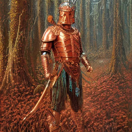 Image similar to a detailed, beautiful oil painting of a warrior wearing intricate, etched copper armor in an ancient forest, by michael whelan