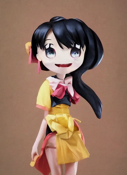 Image similar to a hyperrealistic oil painting of a kawaii anime girl figurine caricature with a big dumb grin featured on nickelodeon by dave mckean