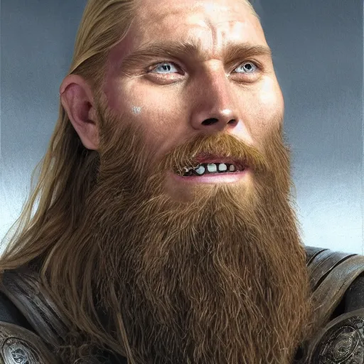 Image similar to an portrait of an happy male viking, long blonde hair, beard, eye scar, lip scar, detailed, centered, digital painting, artstation, concept art, donato giancola, Joseph Christian Leyendecker, WLOP, Boris Vallejo, Breathtaking, 8k resolution, extremely detailed, beautiful, establishing shot, artistic, hyperrealistic, beautiful face, octane render