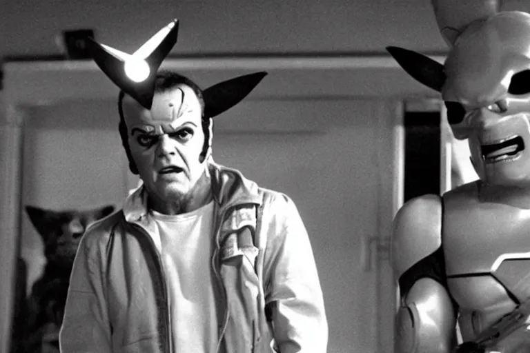 Prompt: Jack Nicholson in costume of Pikachu Terminator, scene where his endoskeleton gets exposed, still from the film