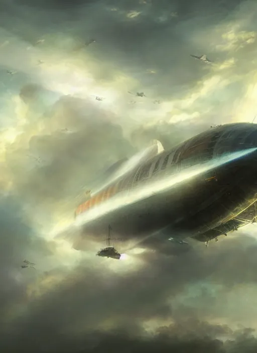 Prompt: airship flying through the clouds, volumetric light rays painted by raymond swanland
