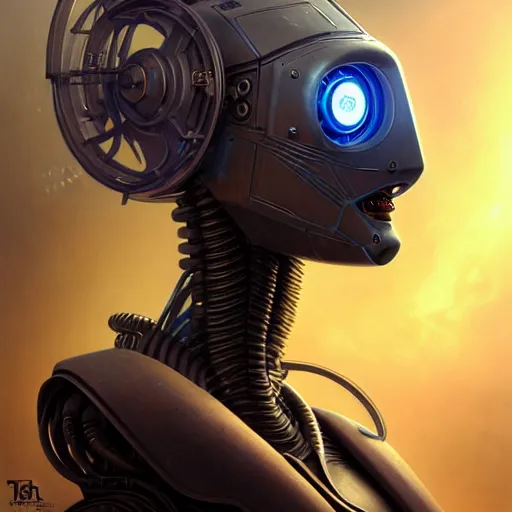 Image similar to low angle shot of a cyberpunk gazmask robot character, intricate, elegant, highly detailed, centered, digital painting, artstation, concept art, front shot, smooth, sharp focus, illustration, artgerm, Tomasz Alen Kopera, Peter Mohrbacher, donato giancola, Joseph Christian Leyendecker, WLOP, Boris Vallejo