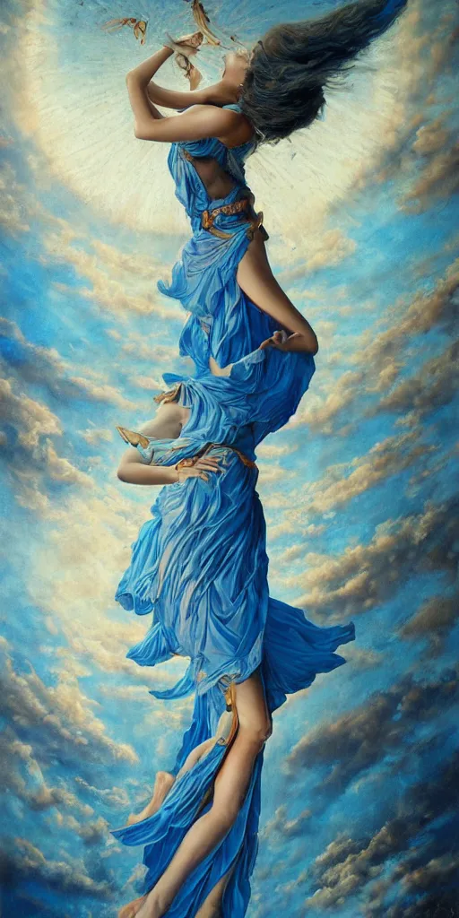 Prompt: full body portrait of beautiful goddess of mars theme inspired wearing blue and white carved details moving dress, she is floating in the air, planet mars in the background, open sky, highly detailed, mystical, little orange fog, circle forms, iper realistic, paint on canvas, art by tom bagshaw and karol bak