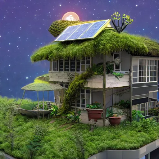 Prompt: solarpunk home, made from pearl material. Plants growing on the roof, solar panels, 4k, realistic, art station