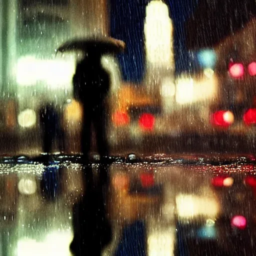 Prompt: zoomed in iphone photo rainy night in the city, reflections, astronaut