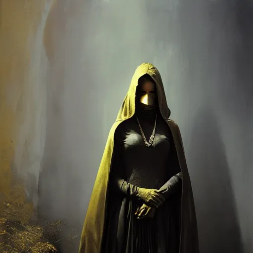 Image similar to a portrait of a young woman wearing a long dark cloak, hood and shadows covering face, holding golden chains, oil painting, matte painting, black background, Volumetric Golden dappled dynamic lighting, Highly Detailed, Cinematic Lighting, Unreal Engine, 8k, HD, by Beksinski