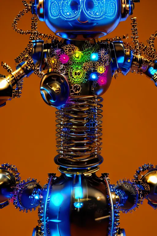 Prompt: photo of a smiling golden and blue metal steampunk robothead covered with multicolored tubes and gears, eyes are glowing red lightbulbs, arms are music instruments, shiny crisp finish, 3 d render, 8 k, insaneley detailed, fluorescent colors, background is holographic patterns