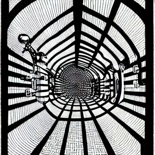 Prompt: computational tunnels, a tunnel complex full of mechanical computers and hooded robots, drawing by jim woodring, junji ito, m.c. escher