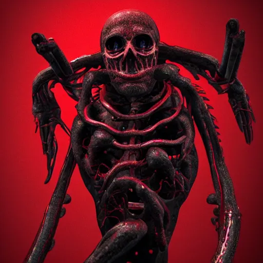 Image similar to octane render of a body horror humanoid, sharp dark shadows, black and red color palette by trevor henderson and junji ito