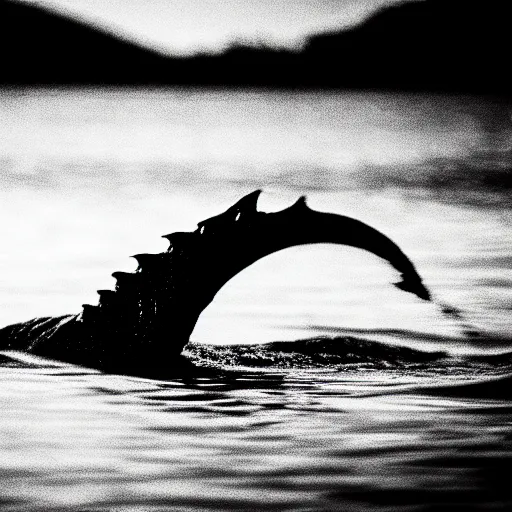 Prompt: a real life sea monster swimming in a lake, sight proof, black and white, blurry, old camera, grainy, motion blur, unfocused