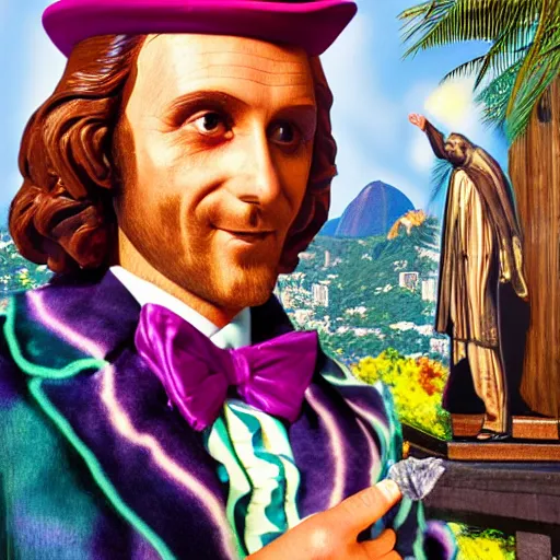 Image similar to a huge willy wonka smoking a joint with jesus statue in rio de janeiro award winning, digital art, realistic, hyper detailed