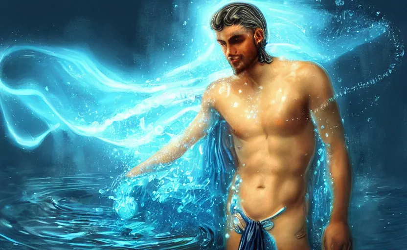 Image similar to Young and beautiful Poseidon emerging from water with blue magic, lumine, light particles, digital painting, realistic,4k, trending in Art Station