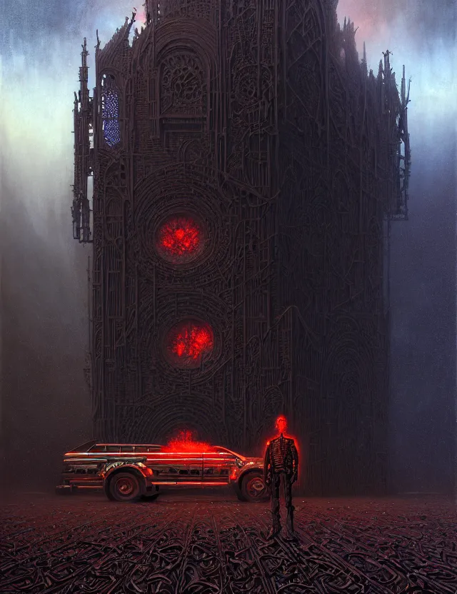 Image similar to detailed portrait, intricate complexity, by greg rutkowski, ross tran, conrad roset, takato yomamoto, ilya kuvshinov huge gothic crematorium on desert planet, elevator, side ramp entrance ambulance dead bodies, guards intricate, painting by lucian freud and mark brooks, bruce pennington, dark colors, neon, death, guards, nice style smoke