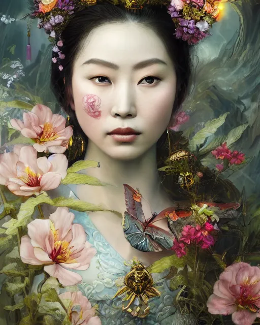 Prompt: portrait of the chinese queen of the underworld, surrounded by flowers by karol bak, james jean, tom bagshaw, rococo, sharp focus, trending on artstation, cinematic lighting, hyper realism, octane render, 8 k, hyper detailed.