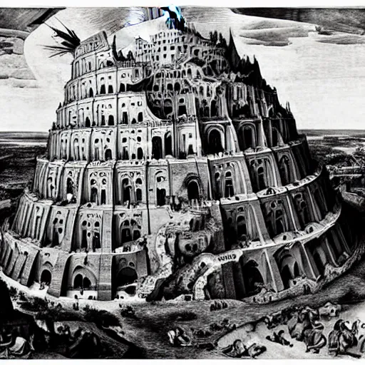 Image similar to The Tower of Babel by Bruegel, drawn by Salvador Dali