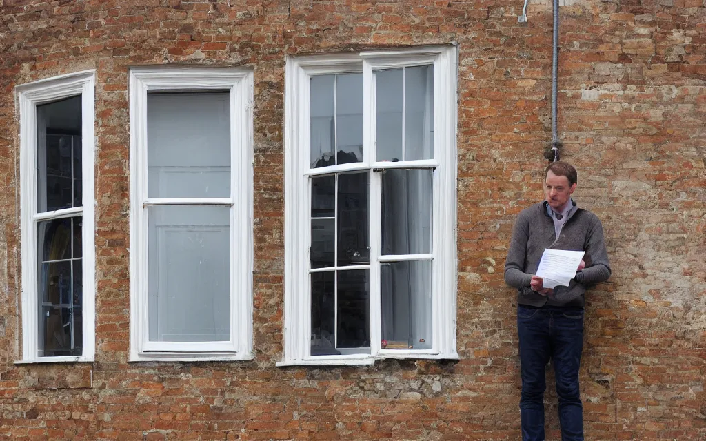 Image similar to single triangular or round sash window on a british wall, surprised and perplexed builders standing in front of it