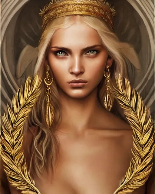 Image similar to tattoo sketch of hot blonde super model as aphrodite greek goddess wearing a gold laurel wreath and triangle earrings, beautiful piercing gaze with sharp pupils, in the style of greg rutkowski, fantasy, amazing detail, epic, elegant, smooth, sharp focus, front view